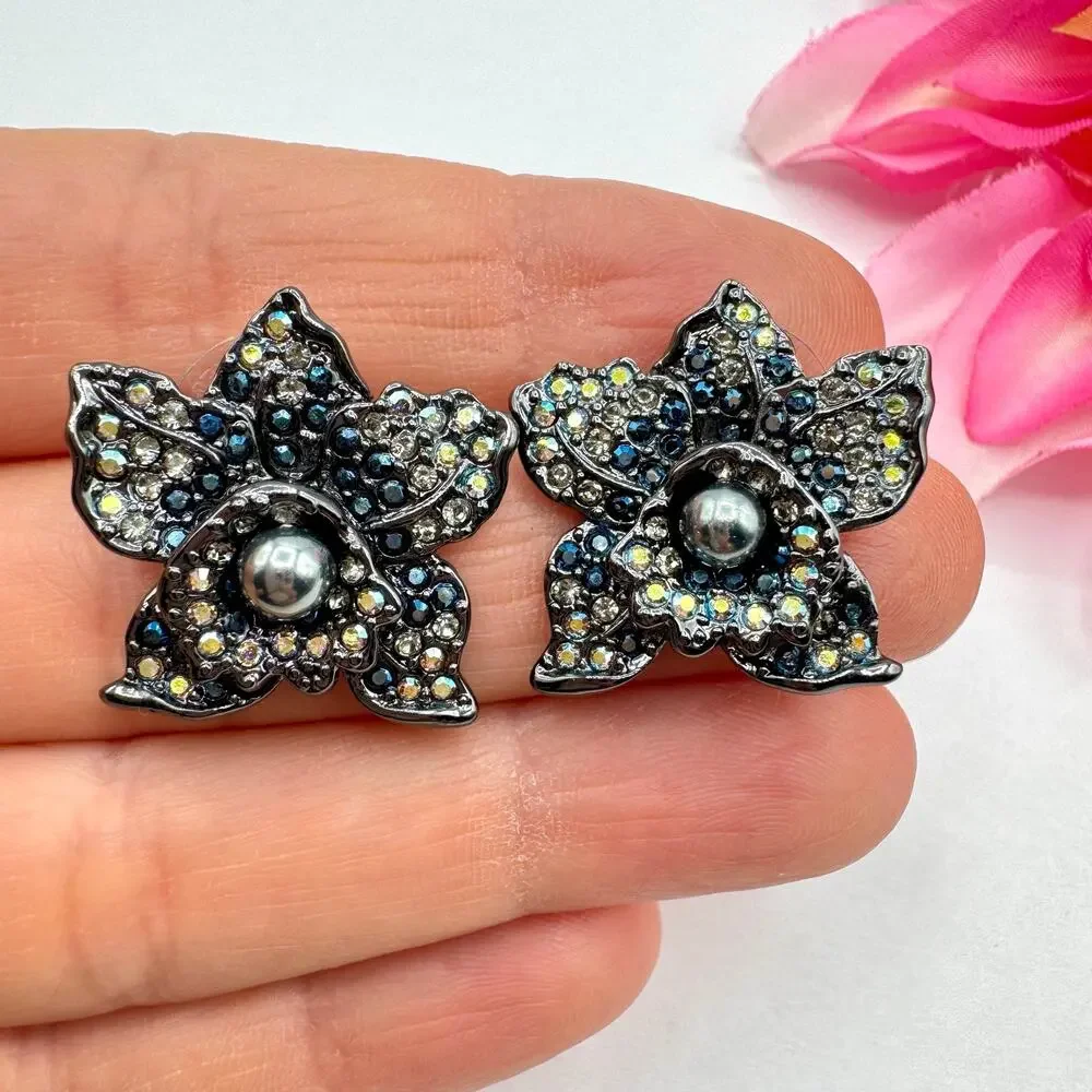 Vintage Joan Rivers Elegance In Bloom Black Pave Orchid Pierced Earrings Signed